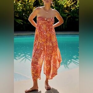 Anthro Harem Jumpsuit Strapless Orange Tropical Smocked Resort Medium